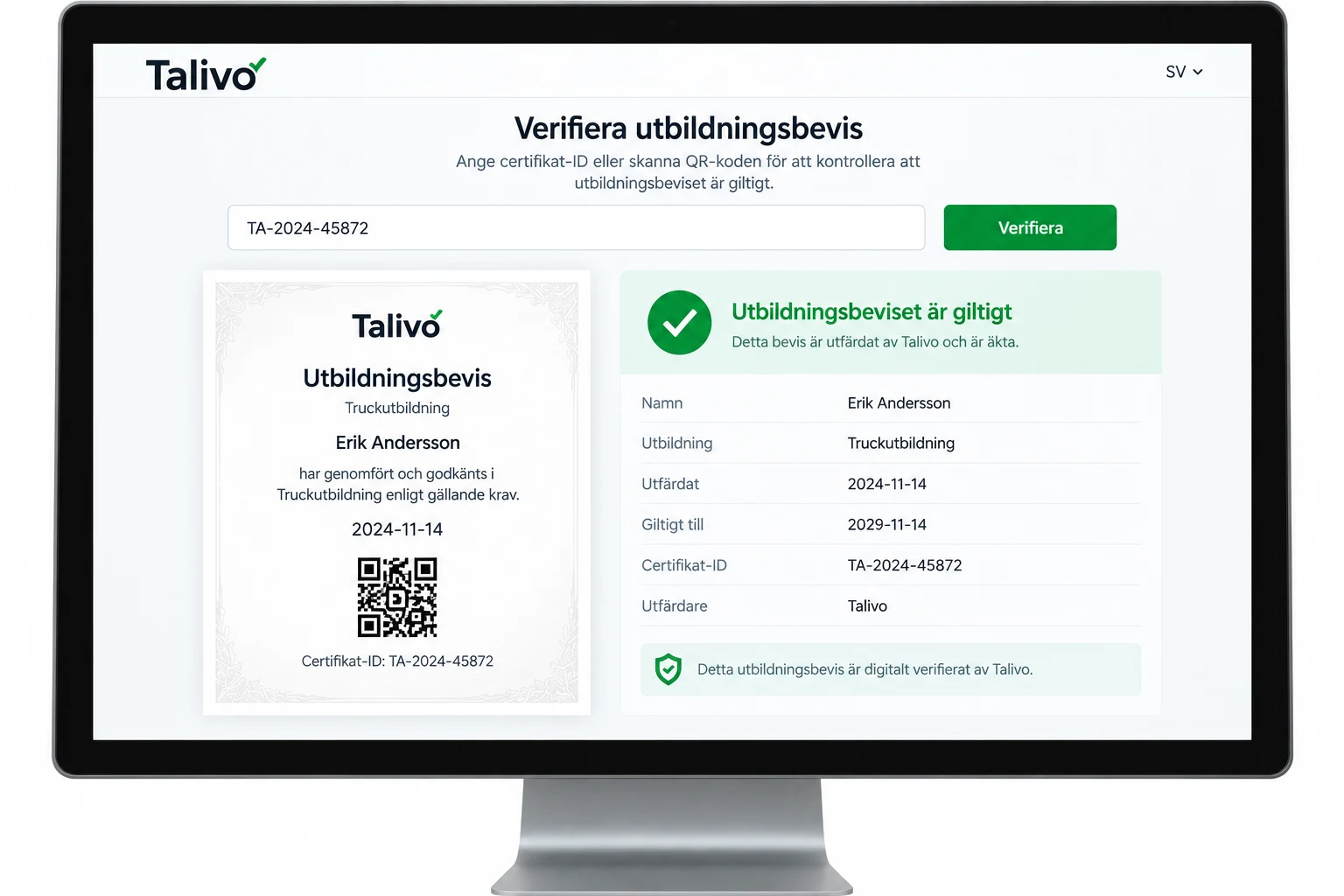 Talivo's verification page on a display, with the training credential and its details checked and valid.