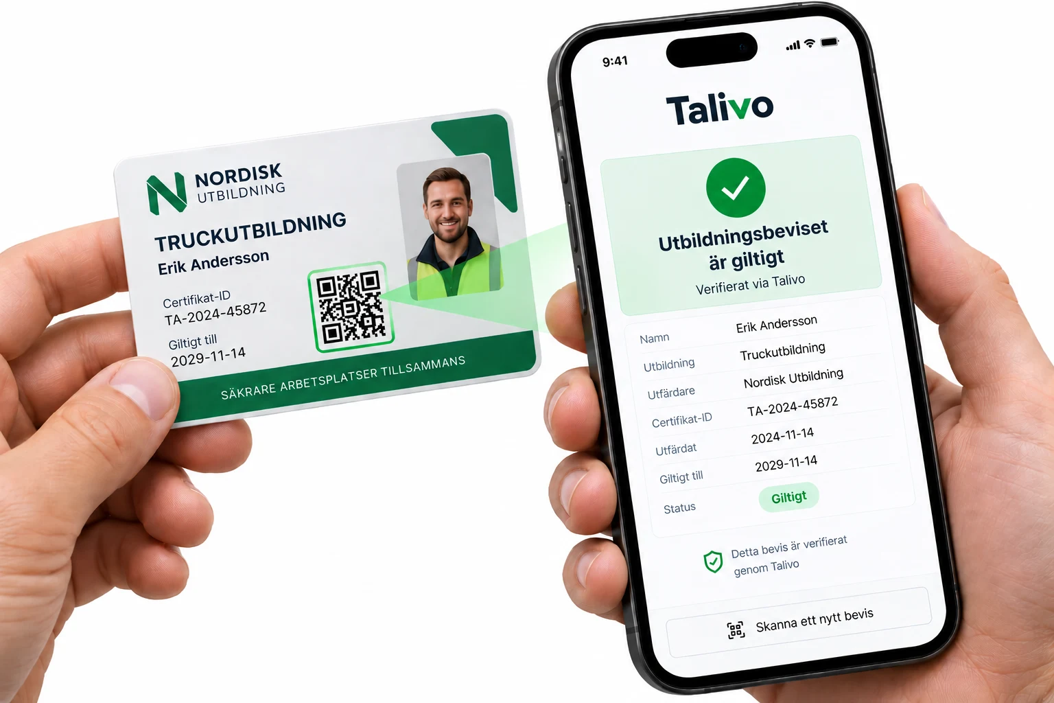 A training credential as a plastic card with a QR code, beside a phone showing that the credential is valid after verification.